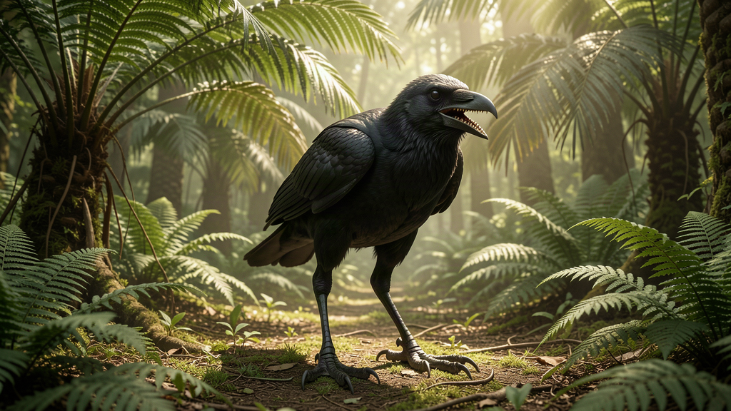A crow-sized feathered prehistoric bird with visible teeth and a large curved claw standing on a fern-covered Jurassic forest floor