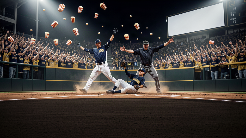 A Brewers runner sliding into home plate at night as a teammate celebrates and the umpire throws his arms wide, popcorn raining down in the upper half of the frame