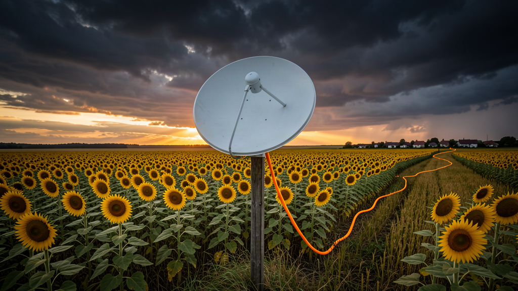 A white satellite internet dish on a post in a sunflower field at dusk, connected to an absurdly long orange extension cord running toward a distant village