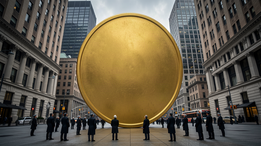 A giant golden coin standing like a monument on a Wall Street plaza, tiny traders looking up at it, overcast morning light