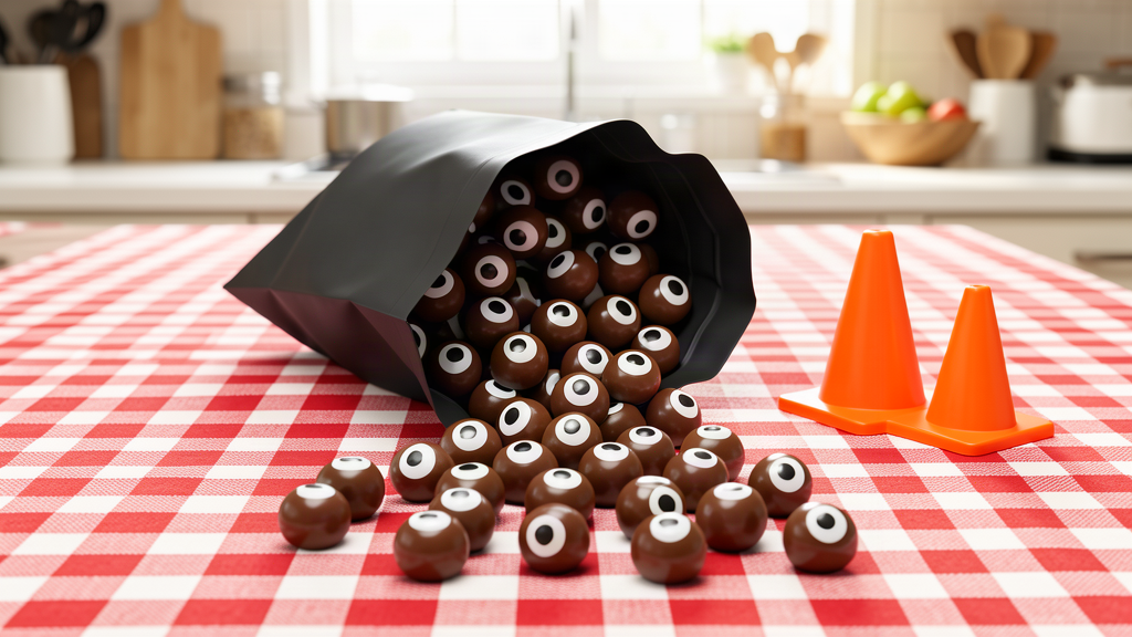 A matte-black candy bag tipped on its side on a red-checkered tablecloth, chocolate candy eyeballs cascading out of its open mouth, two small orange traffic cones beside