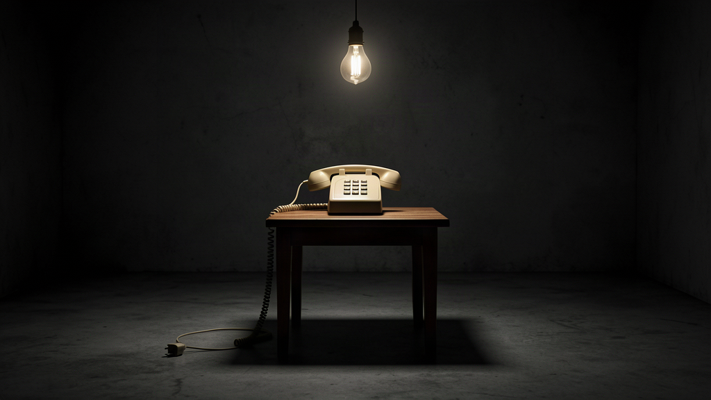 A beige landline telephone sitting alone on a small table under a single hanging bulb, its cord unplugged, in the center of a dark room