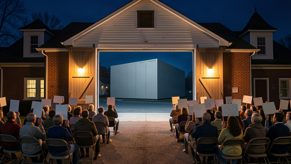 A crowded small-town fire hall meeting at night, and through the open bay doors a huge windowless gray data center building glowing in the dark