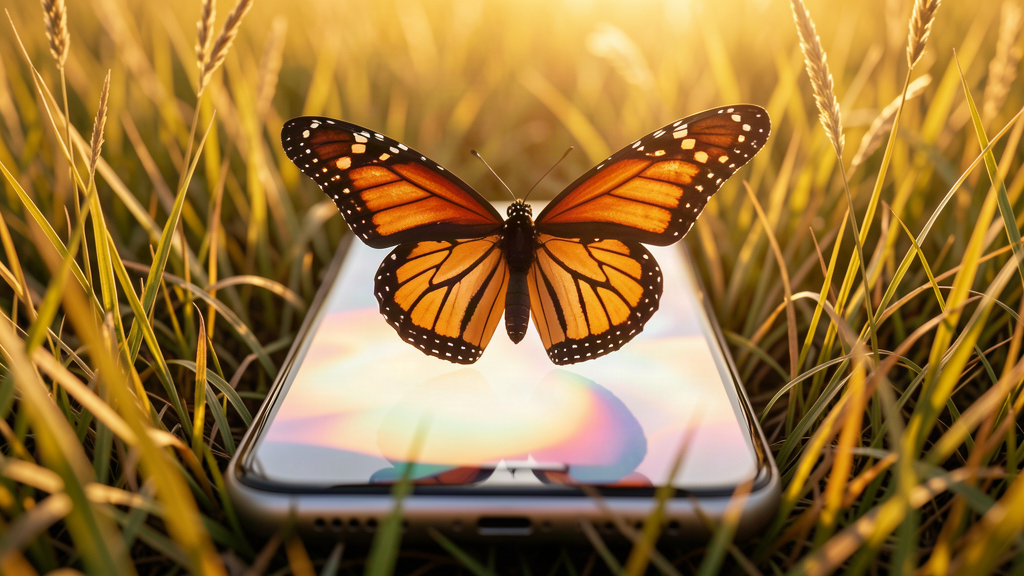 A monarch butterfly perched on a smartphone lying screen-up in tall golden grass, the screen glowing softly