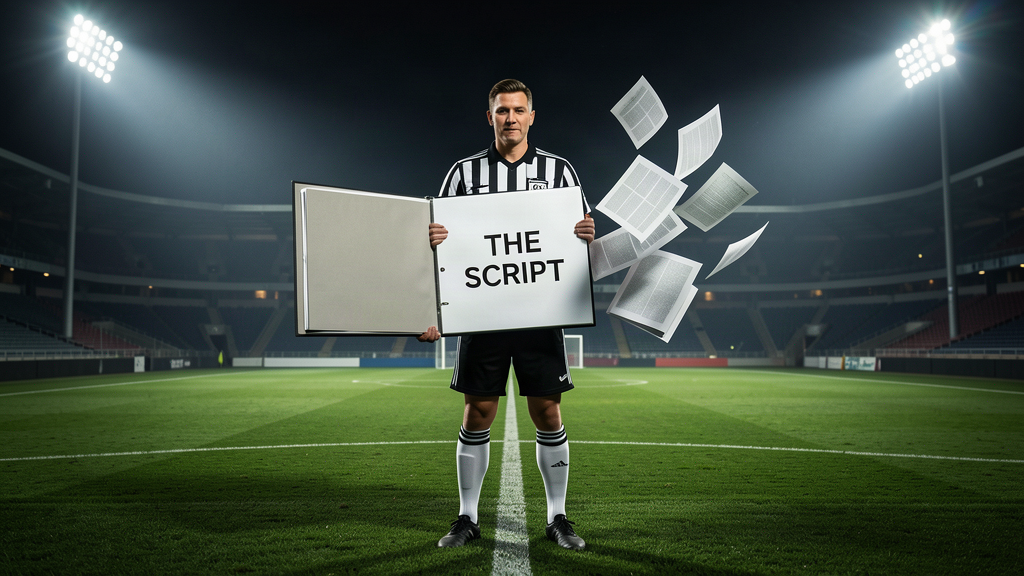 A football referee standing under stadium floodlights at night holding open a giant ring binder with pages flying, in the exact center of the frame