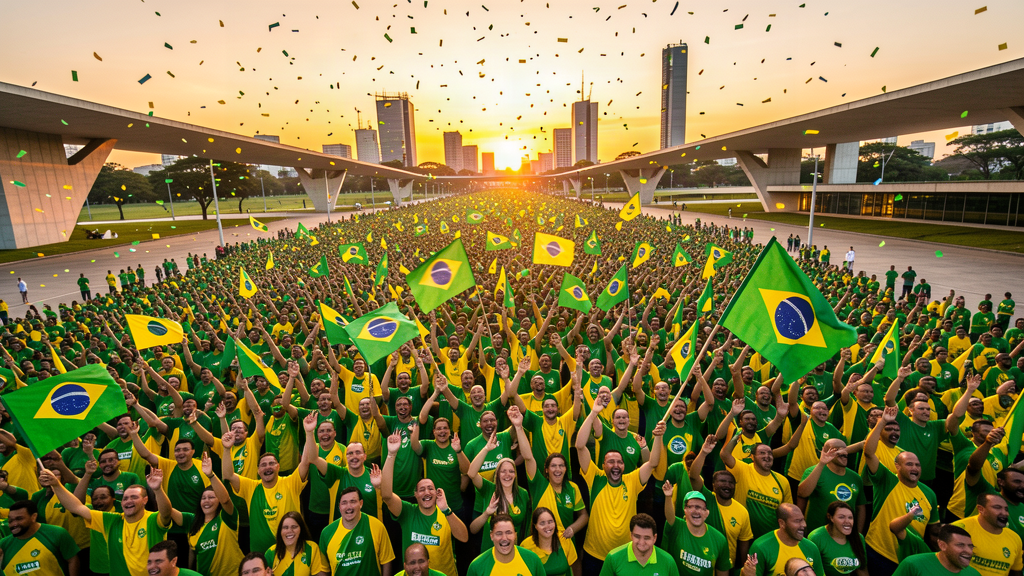 An enormous jubilant crowd in green and yellow flags filling a wide avenue in Brasilia at dusk, confetti in the air