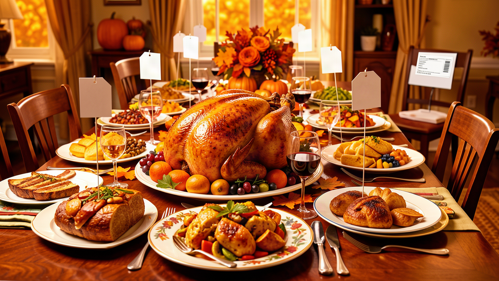 An abundant Thanksgiving table spread for ten photographed like a grocery catalog, empty blank price tags hanging from each dish on strings, one small place set with a coupon instead of a plate.
