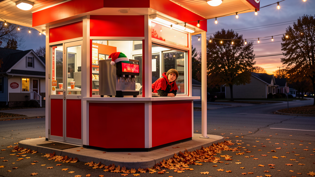 A bright red and white drive-thru on a warm October evening, a slush machine wearing a tiny Santa hat on the counter, autumn leaves on the ground, a teenager in a Halloween costume at the window.