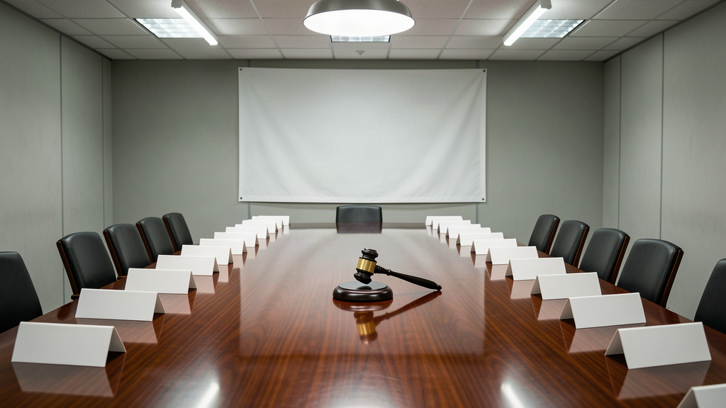 A windowless committee room with a long polished table, rows of blank name placards and one gavel centered under a ceiling light, a blank banner on the wall behind.