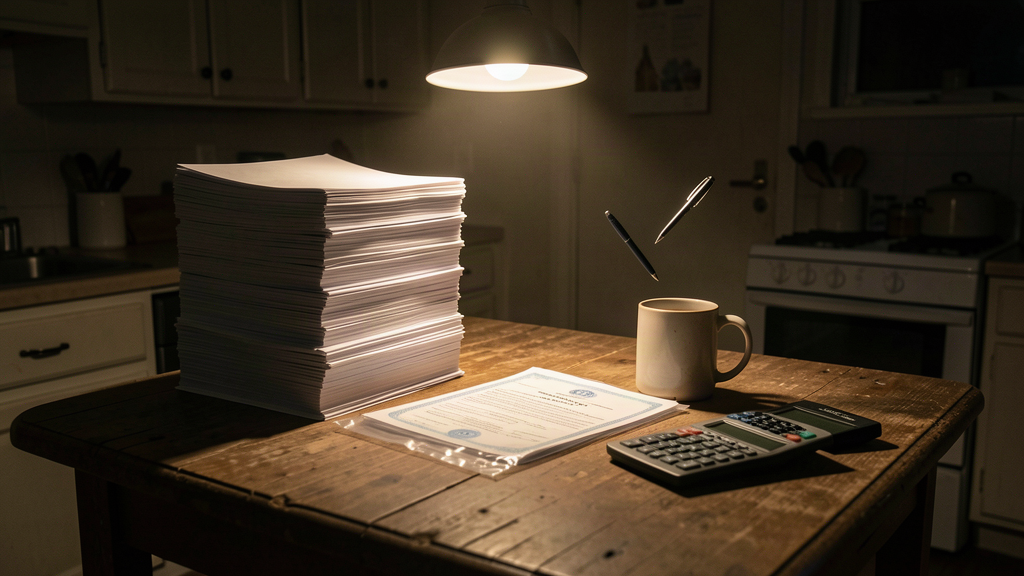 A kitchen table at night with a tall stack of blank tax forms, a birth certificate inside a plastic sleeve weighted by a coffee mug, and a reading lamp throwing long shadows.