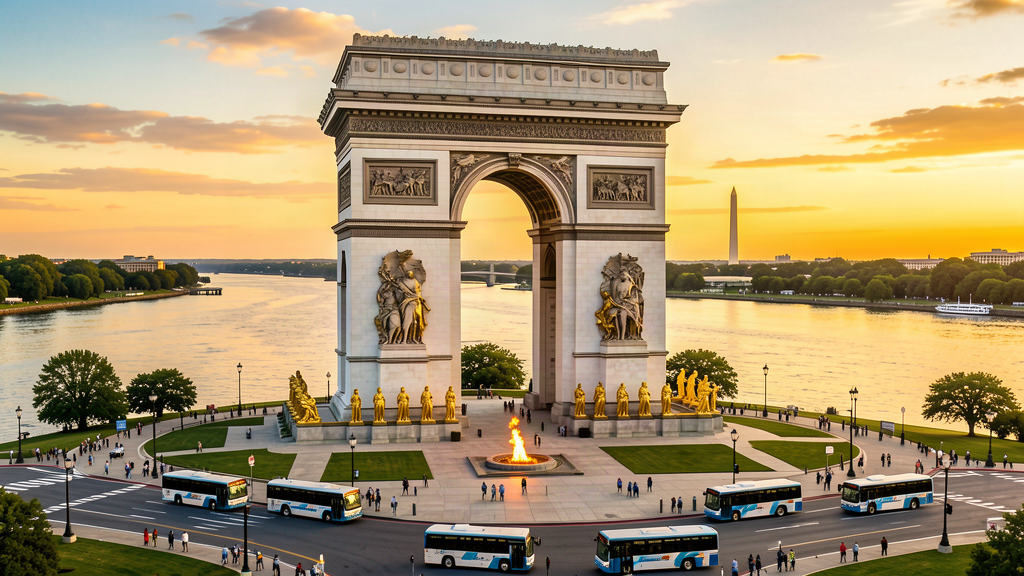 A colossal white stone triumphal arch in a riverside traffic circle at golden hour, gilded statues at its base, tiny tour buses and commuters far below, the Washington Monument small in the distance.