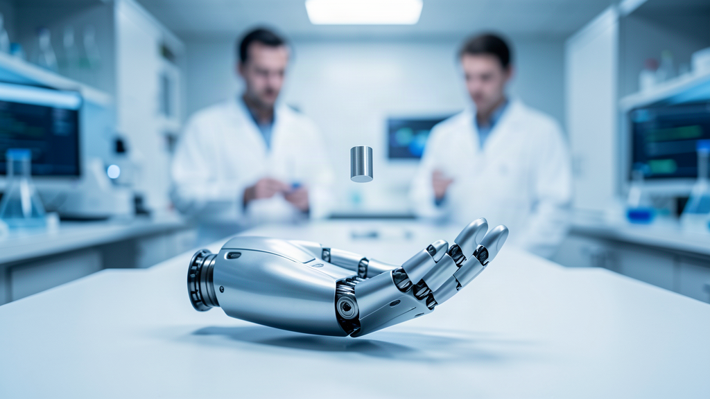A sleek bionic prosthetic hand palm-up on a laboratory bench under soft light, a tiny cylindrical magnet hovering above the palm, researchers blurred in the background.