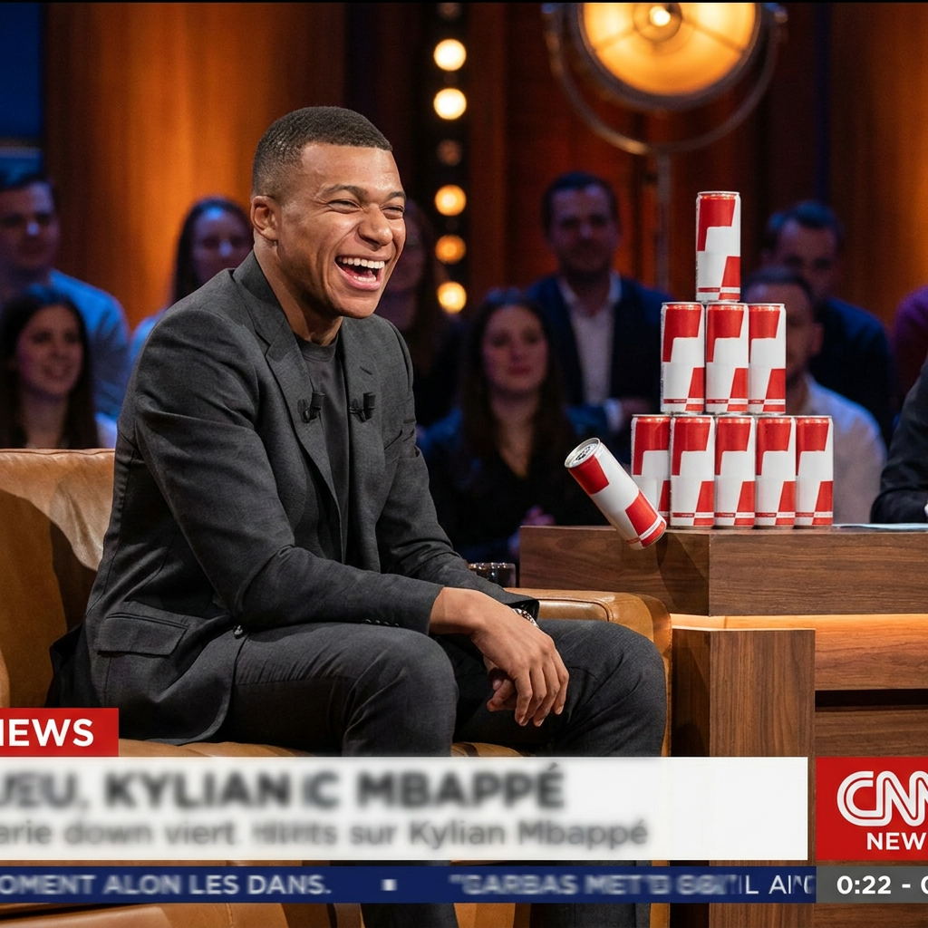 A French soccer star in a dark suit mid-laugh on a late-night talk show couch, a stand of blank red and white beverage cans tipping over beside him.
