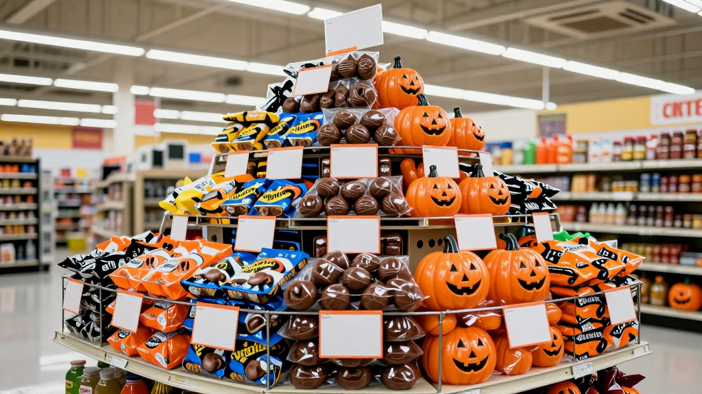 A supermarket Halloween candy display piled with bags of chocolate under fluorescent lights