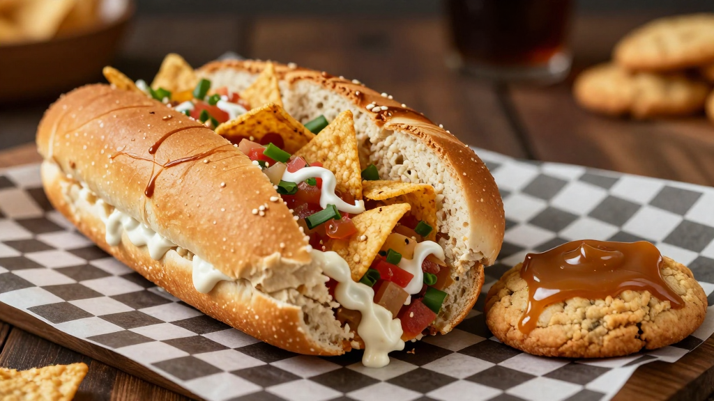 A footlong submarine sandwich studded with corn chips on a checkered paper liner