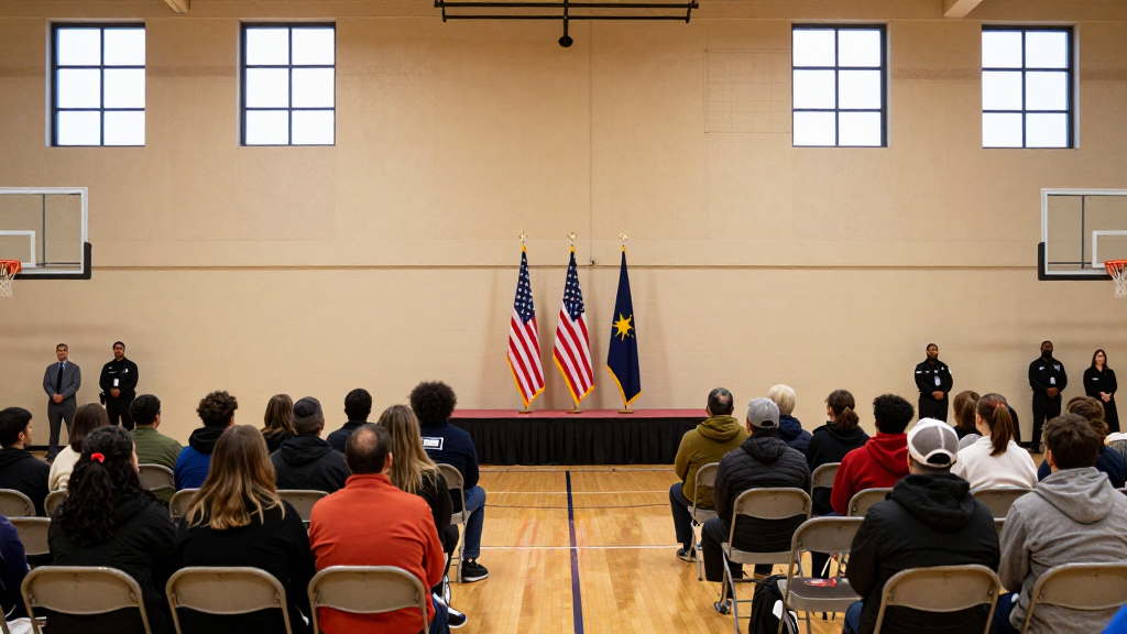 A small-town gymnasium set up for a large political rally, folding chairs facing a stage