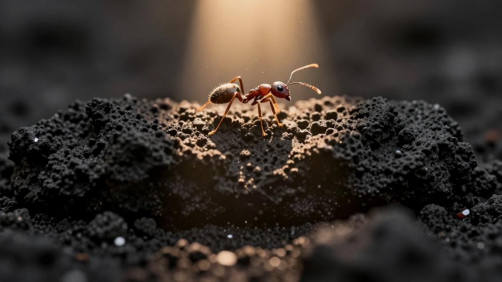 A small ant standing alert on dark rock in the upper part of the frame, lit by a dramatic shaft of golden light, with open ground below