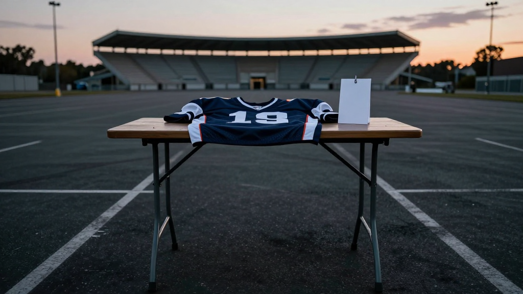 A football jersey laid out on a folding card table in a stadium parking lot at dusk, the table standing high in the frame above a wide open expanse of asphalt