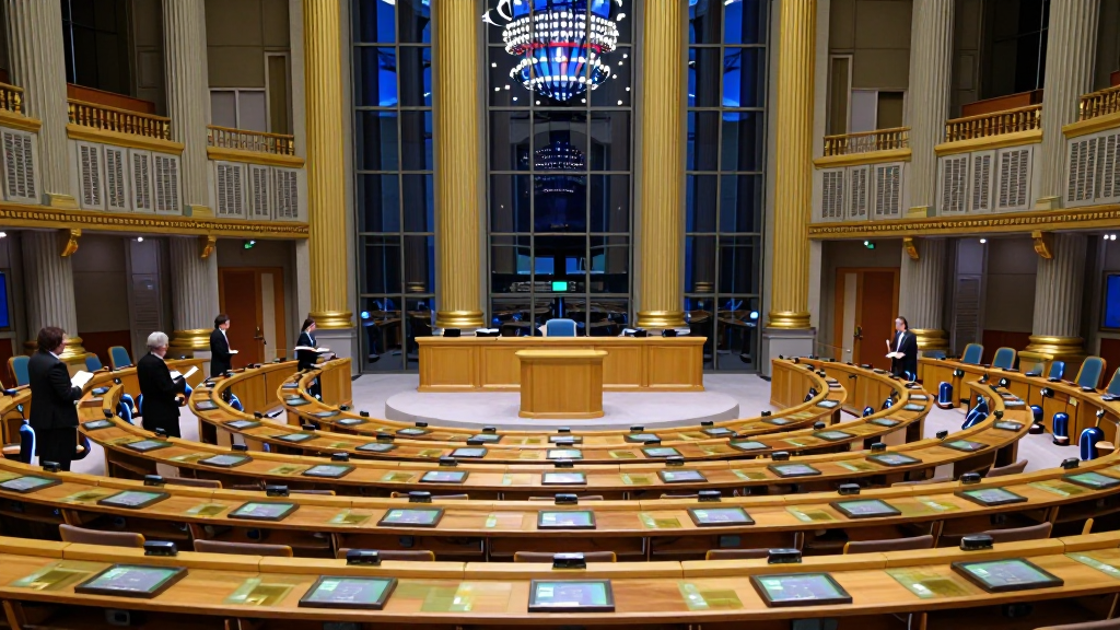 The UN General Assembly hall with curved rows of desks and empty voting panels