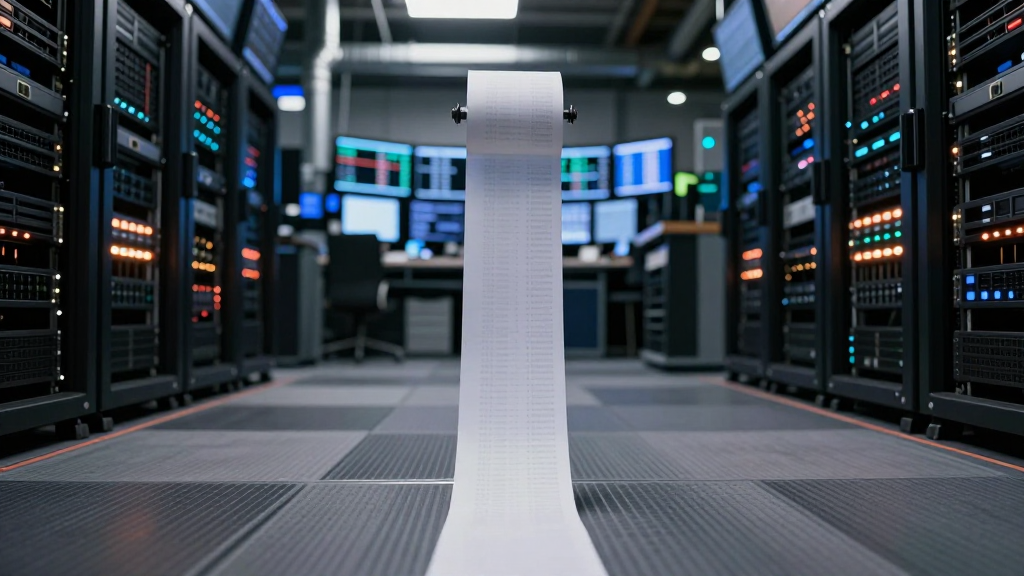 A thermal receipt unspooling across a trading floor toward a data-center aisle of server racks, the paper blank