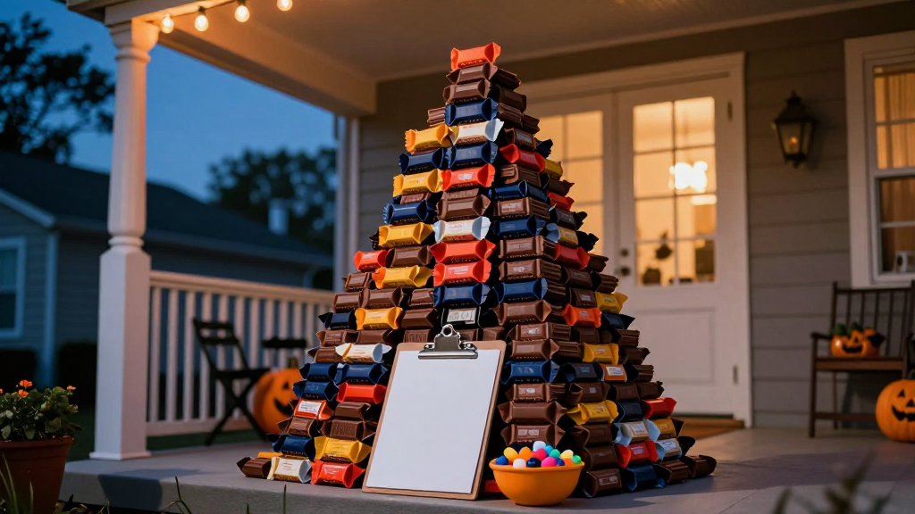 A suburban porch at dusk piled with a towering pyramidal candy display, a clipboard propped against the bowl, string lights above