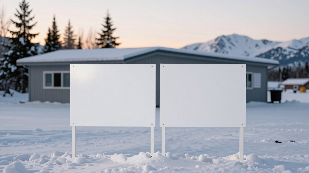 A polling place entrance in Alaska with two identical candidate signs reading DAN SULLIVAN planted side by side in the snow