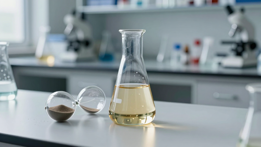 A laboratory flask of pale liquid on a steel bench holding its own reflection, a single hourglass on its side beside it