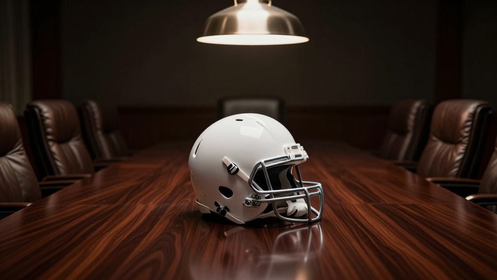 A single empty football helmet centered on a polished boardroom table under a hanging lamp, empty chairs around it