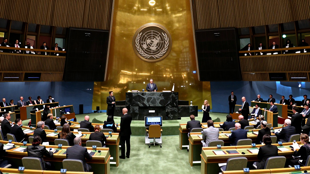 Delegates standing and clustered in commotion on the floor of a United Nations-style assembly hall, a speaker at the central podium