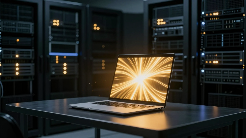 A single open laptop on a desk in a dark server room, its screen glowing, towers of servers blurred behind it