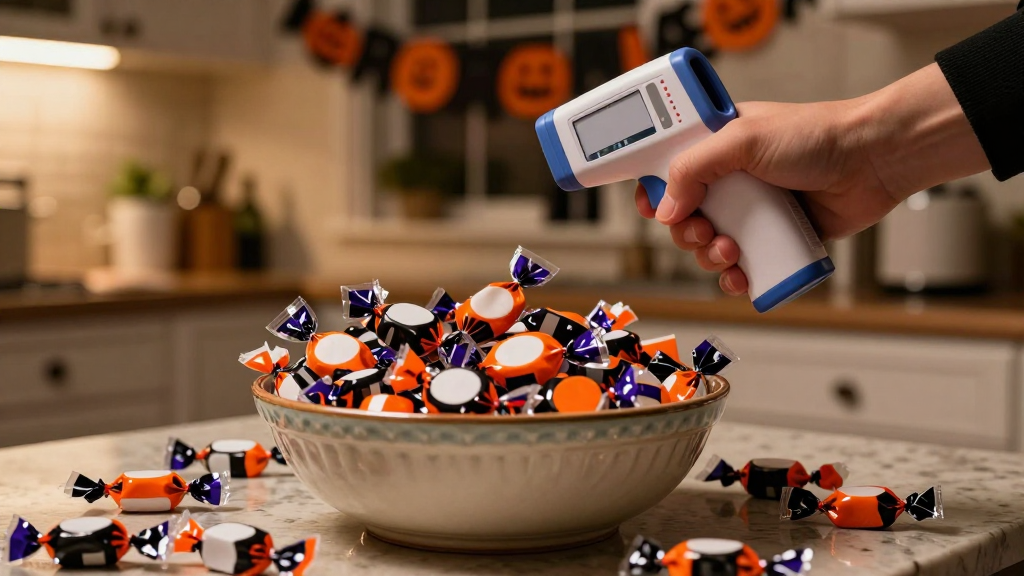 A kitchen counter with a big bowl of mixed Halloween candy being scanned by an infrared thermometer, a parent's hand blurred at the edge