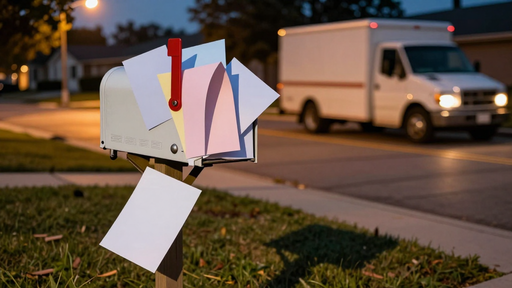 A suburban mailbox at dusk overflowing with pastel brochures, a postal truck blurred in the background
