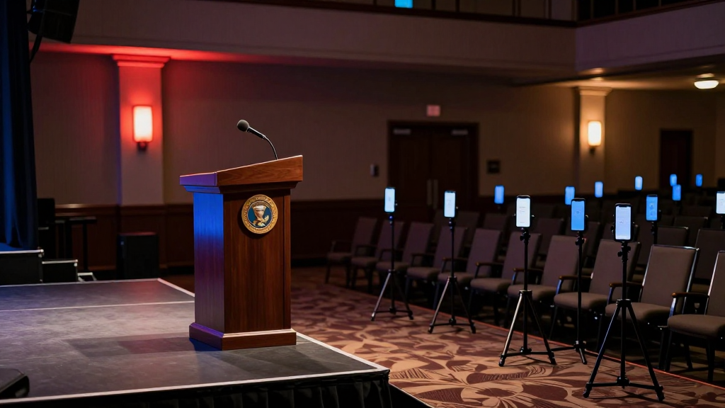 A lectern with a presidential seal set up in an empty hotel ballroom, facing a wall of smartphones mounted on stands