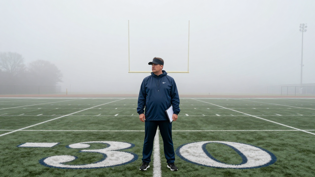 A lone football coach standing at the fifty-yard line of an empty practice field in morning fog, playbook under his arm