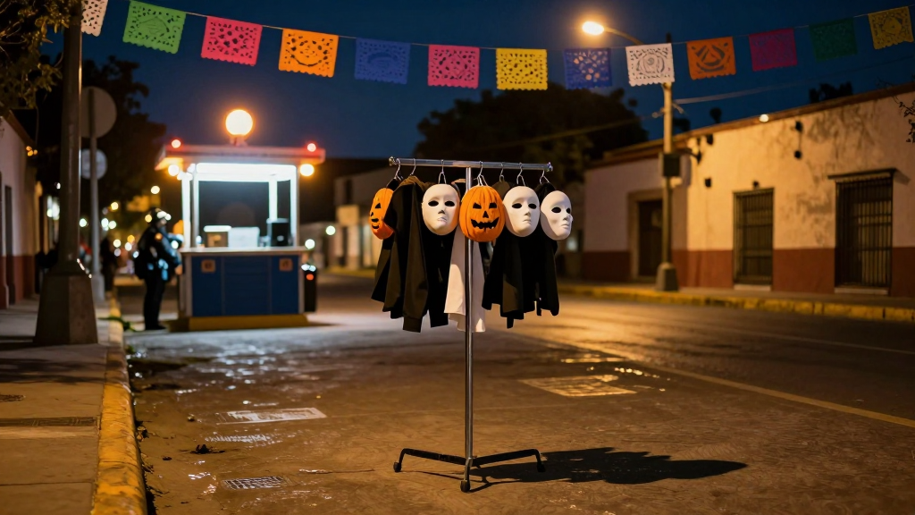 A nighttime street checkpoint in a Mexican city with a rack of confiscated Halloween masks in the foreground and festive lights overhead