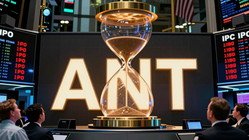A Wall Street listing board displaying the letters ANT in the exact center, a giant glowing hourglass looming behind it
