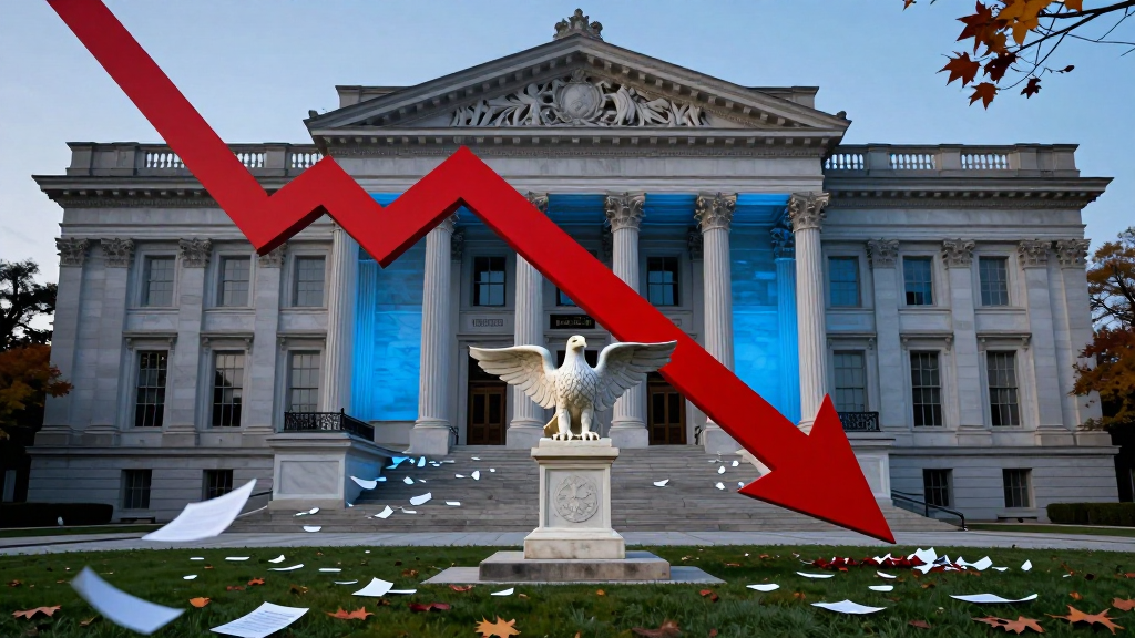 A classical government building at dusk with a huge red chart arrow staked into the front lawn and a marble eagle watching