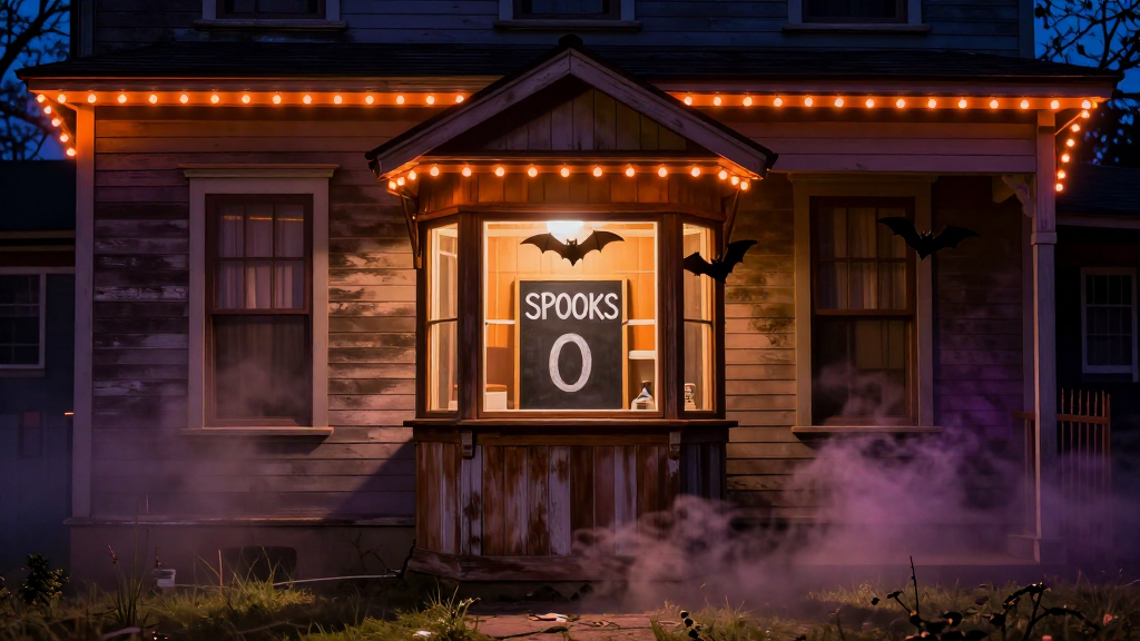 A small-town haunted house at night with orange string lights and a warmly glowing ticket booth at the center