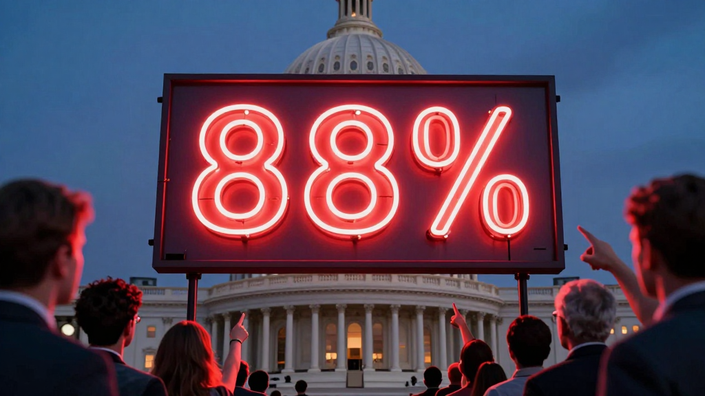 A glowing poll board reading 88% hovers over the U.S. Capitol at dusk while crowds on either side point fingers at one another instead of the building