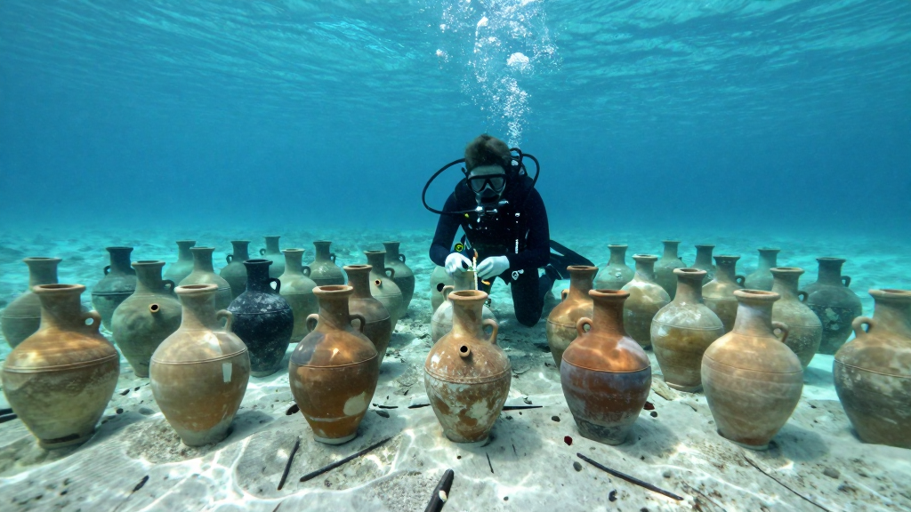 A diver carefully measuring rows of ancient clay jars arranged on a sunlit turquoise seabed