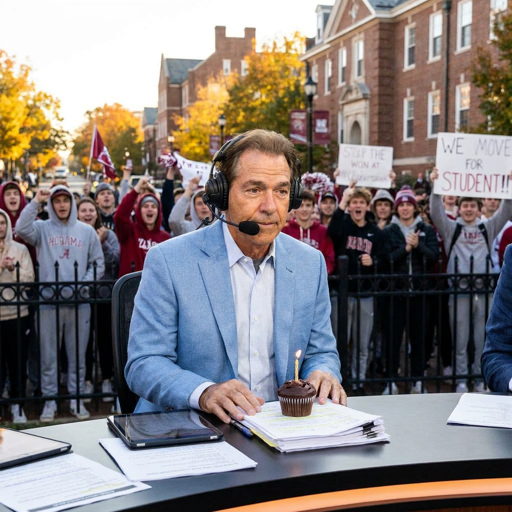 Nick Saban at a College GameDay anchor desk in a blazer and headset, a small birthday cupcake with one candle resting among his papers