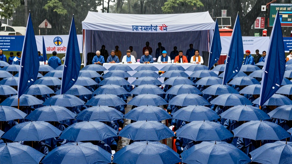 A rain-soaked New Delhi rally ground where thousands of matching blue umbrellas form a perfect grid over a long table under a tarp